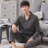 Pyjama en coton pour hommes, 2 pièces, à carreaux, bleu, robe de lit d'hiver, vêtements de maison, ensembles purs