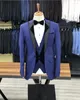 남자 정장 최신 디자인 의상 Homme Light Blue Men Slim Fit Blazer 턱시도 신랑 웨딩 Terno Masculino 3 PC (재킷 Pant Vest)