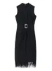 Casual Jurken Mode Zwarte Veer Split Midi Jurk Zomer vrouwen Sexy Mouwloze Gordel Celebrity Club Feestjurk Vestidos 230210