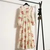 캐주얼 드레스 여성 가을 ​​드레스 꽃 프린트 둥근 목록 긴 소매 흐름성 밑단은 여성을위한 벨트