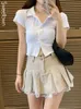 Skirts Sweetown Korean Fashion Khaki Short Skirt Lace Trim Cute Pleated Skirts Womens Preppy Style Button Up High Waist Summer Skirt 230209