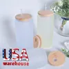 USA /CA Stock 16oz Glass Mugs Clear Frosted Bamboo Lid Mason Jar Cups Water Bottle Tea Coffee Tumblers Sublimation Blanks DIY Gifts 0210