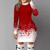 Casual jurken kerstjurk vrouwen lange mouw ronde nek sneeuwvlok print bodycon jurk kerstfeest elegante dames slanke kledingvestidos 230210