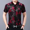 Men's Casual Shirts Sexy Transparent Men Flower Print Velvet Shirt Club Chemise Homme 2023 Spring Mannen Kleding Short Sleeve Slim Fit