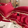 Beddengoed sets Sondeson vrouwen Red Top Grade 100 zijdeset breed borduurwerk bruiloft dekbedovertrek Queen King Flat Pillowcase 4 -delige 230210