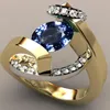 Wedding Rings Women Vintage Engagement Gold Ring 2023 Creatieve sieraden Ronde Cut Blue Zirkon Fashion EDWI22
