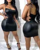 Casual jurken chique mode vastgebonden detail backless pu lederen bodycon jurk dames kleding gewoon sexy veter skinny mini avondje uit