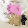 Clothing Sets Baby Girls Clothing Set Square Collar Long Sleeve Shirts Pu Leather Shorts Two Piece Kids Suits Fall Summer Children Outfits W230210