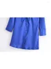 Robes décontractées YENKYE mode femmes bleu noué Satin robe à manches longues col à revers femme courte Vestido