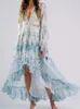 Casual jurken Floral Printed High Low Boho voor vrouwen Chiffon 2023 Hollow Out V-Neck Long Flare Sleeve Ladies Tiered Sexy Dress Vestido