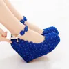 Blue Pink Lace Wedding Bride Shoes Wedge Heel Single Lady Shoes with Ankle Straps Platform Women Pumps Party Prom High Heels Size 10