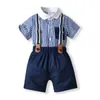 Clothing Sets 2023 Kids Clothes Boys For Baby Birthday Outfits Costume Children Gentleman Clothing Set Striped Romper Navy Overall Shorts Suit W230210