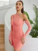 Casual Dresses Ailigou 2023 Women's One Shoulder Long Sleeve Mesh Sexig Tight Pink Pleated Mini Bandage Dress Vestidos Elegant Club Party