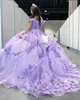 Princesa Lilac Lavender Quinceanera vestidos Crystal Lace-up Corset Birthday Birthday 3d Flores doces 16 vestidos vestidos de 15 anos