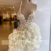 Runway Dresses Ivory Floral Appliques Short Prom Dresses Beige Ruched High Low Sweep Train Evening Gowns Cocktail Dress Vestidos De Gala 230210