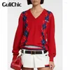Women's Sweaters Women Fashion Red Argyle Pattern Letter V-Neck Long Sleeve Soft Comfortable Knitted Pullover Sweater
