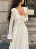 Casual Dresses 2023 Summer Long Sleeve Pure Color Dress Woman Elegant Midi Vintage Korean Fashion Evening Party Design Slim