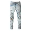 Jeans da uomo stile europeo leopardato patchwork uomo skinny buco streetwear hip hop uomo bootcut per pantaloni da moto