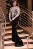 Plus Size Black Prom -klänningar 2023 High Neck Long Sleeves Crystal Mermaid Party Gowns Vestidos DE On Formales 0516