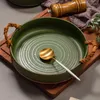 Miski Stoare japońskie talerze obiadowe rattan podwójny uchwyt duży zielony retro ceramiczny okrągły talerz o głębokim talerzu owoce warzywne 8/10 cala