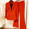 Womens Two Piece Pants High Quality Fashion Designer Blazer Suit Set Single Button Red Flare 230209