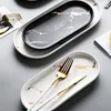 Plates Ceramics Cutlery Nordic Black White Marbling Round Oval Plate Bowl Cup Dish Spoon Fork Household Kitchen Supplies Tableware