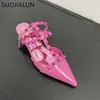Neue Sandalen Marke Suojialun 2024 Frauen Fashion Spring Pink Speced Ladies Elegant dünne High Heel -Schuhe Kleid Pumps Sandale T230208 969