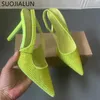 High Women SUOJIALUN Heel Thin Sandals Brand Sandal Fashion Crystal Pointed Toe Slingback Shoes Shallow Slip On Ladies Elegant Pumps T E