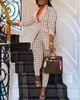 Womens Two Piece Pants Lemon Gina Houndstooth Women Set Long Sleeve Tunic High Waist Blazer Suit Office Lady Tracksuit Fitness Outfit 230209