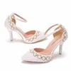 Wedding Bridal Shoes Pointed Toe White Ivory Pearl Ankle Straps Bride Dress Shoes Summer Sandals Lady Party High Heels