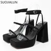 Sandaler Suojialun 2022 Summer Sexig mode smala band Kvinnor Sandaler Öppen Toe Platform Square High Heels Ankel Strap Dress Pumps Shoes T230208