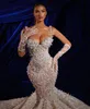 Luxury Pearl Mermaid Wedding Dress Tailored Beading Spaghetti Straps Lace Bridal Gowns Ruffles Sweep Train Bride Dresses