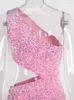 Runway Dresses Pink Sequin One Shoulder Cocktail Party Dress Sleeveless Cut Out Sexy Tight-hugging Gold Short Evening Dress Night Club Women's 230210