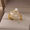 Solitaire Ring New in Zircon imitação pérolas s para mulheres aço inoxidável Abertura de abertura ajustável Jóias de Natal Y2302