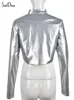 Vestes pour femmes Soefdioo Fashion Stand Collar à manches longues à manches longues Crop Top printemps 2023 Metallic Silver Pu Leather For Women Streetwear