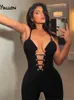 Women's Jumpsuits Rompers Yiallen Summer Sexy Strap Black Tight Woman Jumpsuits Low Chest V Neck Sleeveless Bandage Sportswear Ribbed Female Catsuits 230210