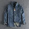 Camisas casuais masculinas outono tecido listrado listrado camisa jeans usada estilo de trabalho masculino American Retro Trend Youth camisa 230209