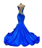 블랙 걸스를위한 로얄 블루 O 넥 긴 댄스 파티 드레스 2023 Appliques 생일 파티 드레스 인어 이브닝 가운 Robe De Ball Gall GW0210