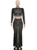 Платье с двумя кусочками Kricesen Sexy Black Shine Crystal Shier Set Set Women Long Roolep Top и Maxi Suits Night Clubwear 230209
