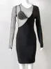 カジュアルドレス高品質のブラックボディコンバンデージ女性の長袖ホローメッシュダイヤモンドスプライシングセクシーなミニパーティークラブドレス