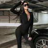 Macacões femininos macacões hugcitar sólido v colunas longas com ombro bodyconcon jumpsuit outono de inverno feminino moda elegante clube y2k esporte 230210