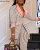 Womens Two Piece Pants Lemon Gina Houndstooth Women Set Long Sleeve Tunic High Waist Blazer Suit Office Lady Tracksuit Fitness Outfit 230209