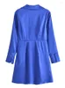 Sukienki na zwykłe Yenkye Fashion Women Blue Ningated Satin Sukienka z długim rękawem kołnierz klapowym