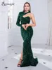 Runway Dresses Sexy Backless Slit O Neck Sleeveless Cocktail Evening Party Dress Sequin Stretch One Long Sleeve Green Maxi Gown Women 230210