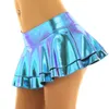 Rokken dames glanzende metaalachtige gegolfde mini roklow opkomst dubbel gelaagde shorts dance party rave clubkleding voor paaldansen