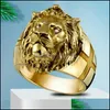 Band Rings Golden Lion Head Ring Stainless Steel Cool Boy Party Domineering Mens Unisex Jewelry Drop Delivery Dh9Ke