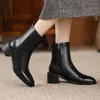 Botas de cuero completo de alta calidad para mujer, zapatos de vestir informales con cremallera lateral, con punta cuadrada y tacón alto