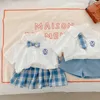 Roupas conjuntos de verão estilo colégio feminino estilo irmão irmão menino camisa shirtshorts vestido xadrez 2pcs terno novo marinheiro colarinho de bebê shortsleeeved blusa w230210