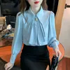 Blusas de mujer Camisa con pajarita Mujer Mujer Rayas Primavera Perla Botón Elegante Bufanda Manga larga de linterna Estilo francés Top azul