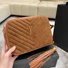 Women Nubuck Rubbed Cowhide Leather Camera Bag Chevron line V-stitc Quilted Purse Tassel Adjustable Shoulder Strap Crossbody Shoulder Cosmetic Case Handbag 23CM